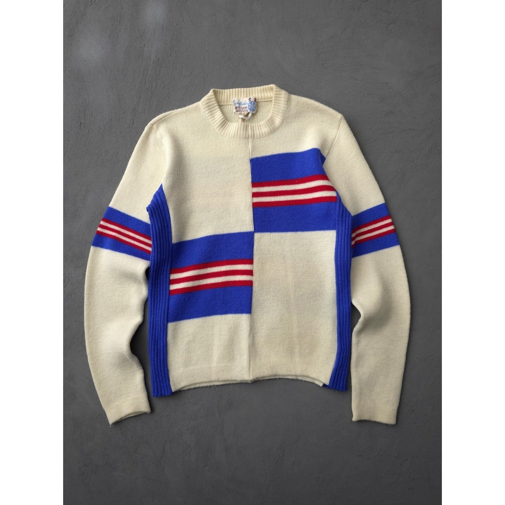 Vintage‎ 1970s Snowflakes Women's Wool Crewneck Sweater Geometric M White Blue